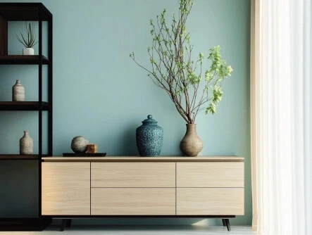 Minimalist interior with a light wood sideboard, decorative vases, and a modern plant arrangement against a pale green wal