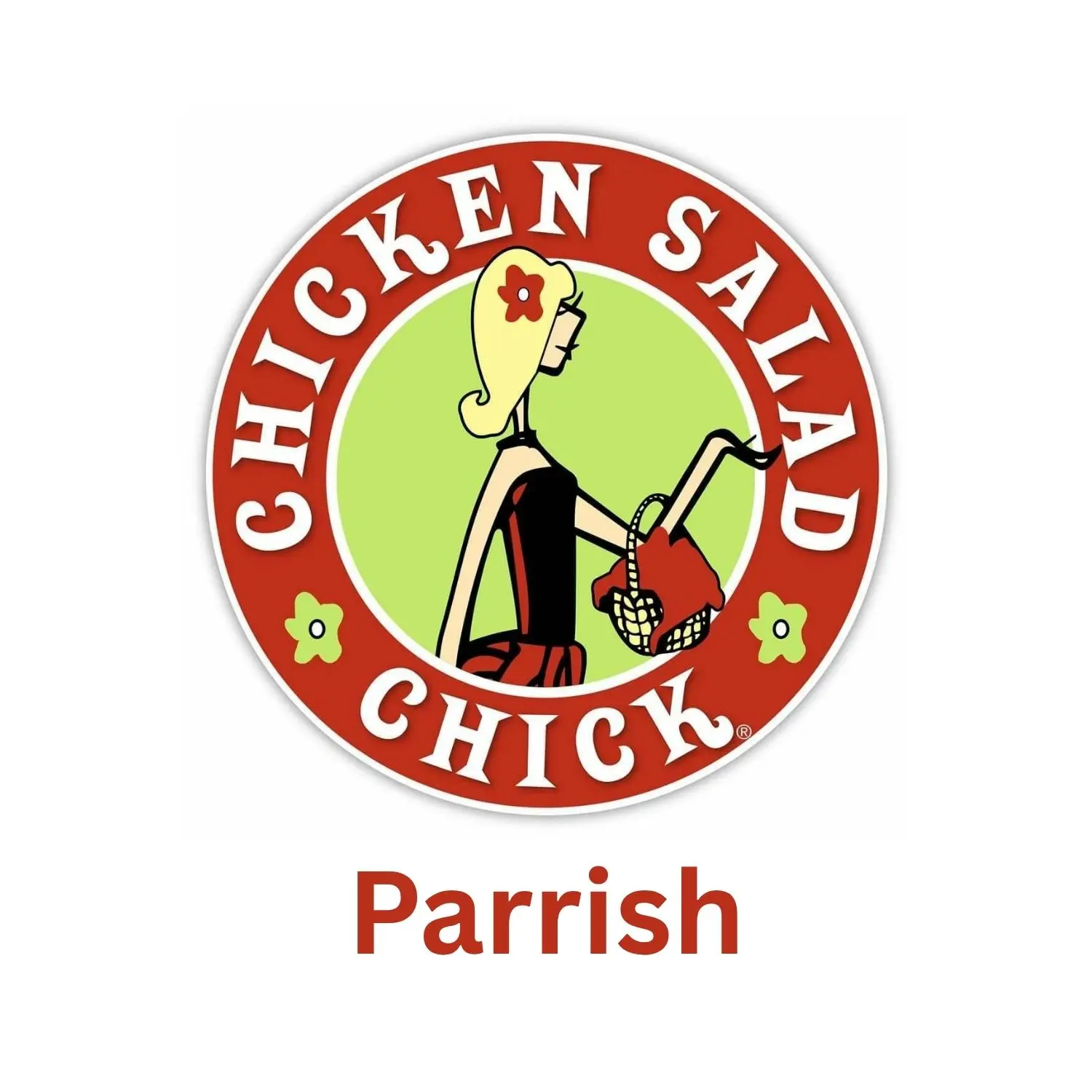 The image features the logo of Chicken Salad Chick, depicting a stylized woman in profile with a basket, set against a green circle bordered by red with the words "CHICKEN SALAD CHICK," and "Bradenton" written below.