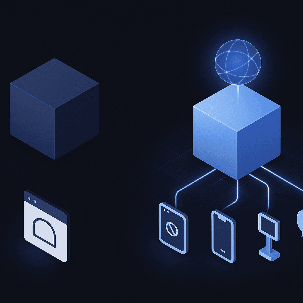 Illustration comparing monolithic CMS with hybrid headless CMS plus agentic AI layer