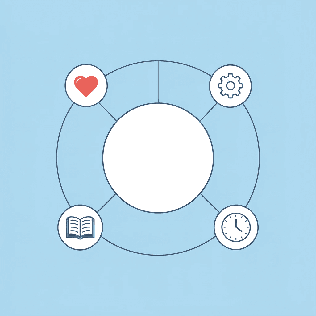 Central child icon connected to developmental stage, family schedule, and individual needs