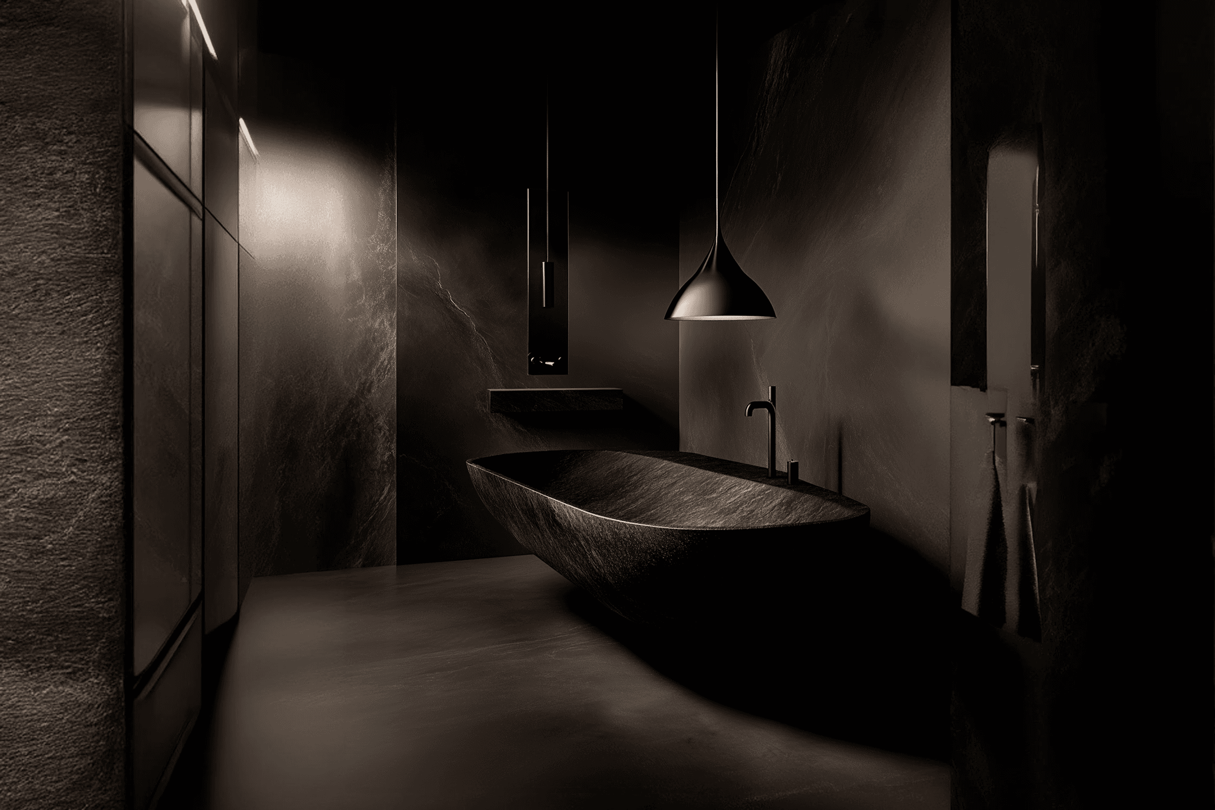 Sleek modern bathroom with concrete walls, floating sinks, and ambient lighting. Minimalist design with industrial elements.
