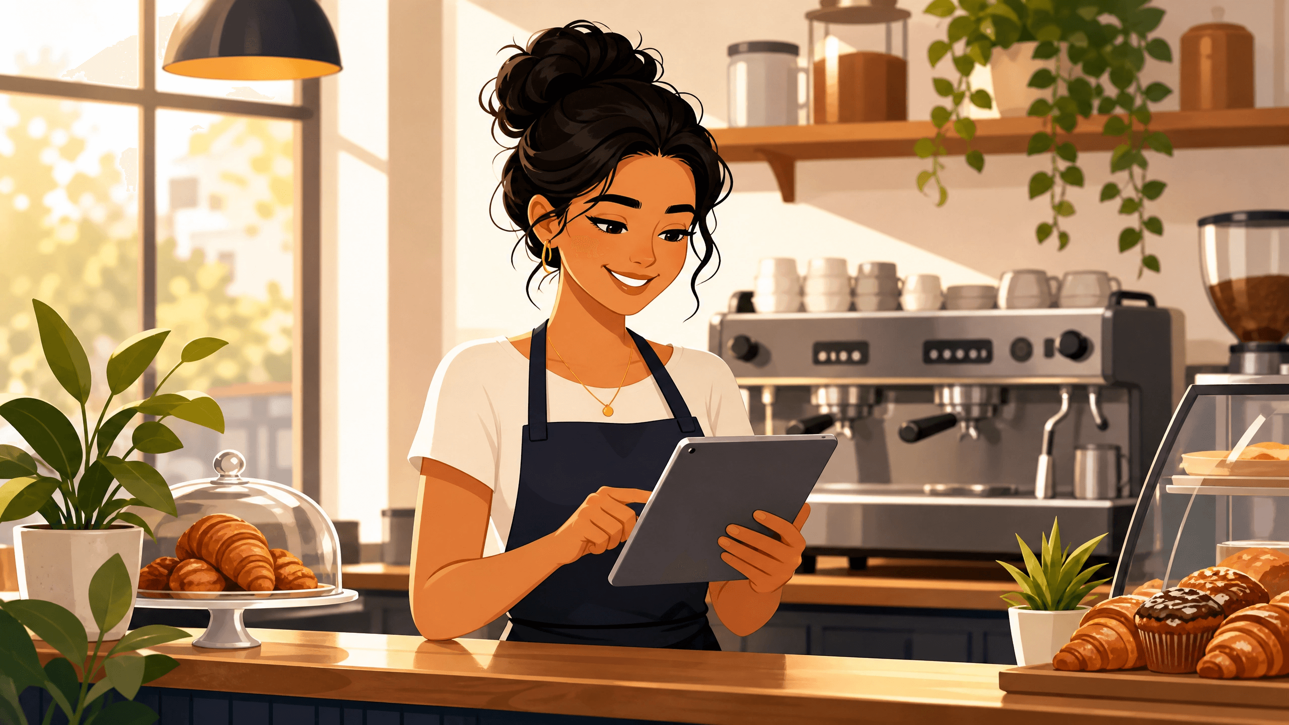 A smiling, diverse female cafe owner in her 30s stands behind the counter of her cozy cafe, happily looking at a tablet. In the background, a coffee machine and pastries are visible, while warm afternoon light streams through a window. The image symbolizes how small businesses succeed through AI visibility, in a modern, professional cartoon illustration style.