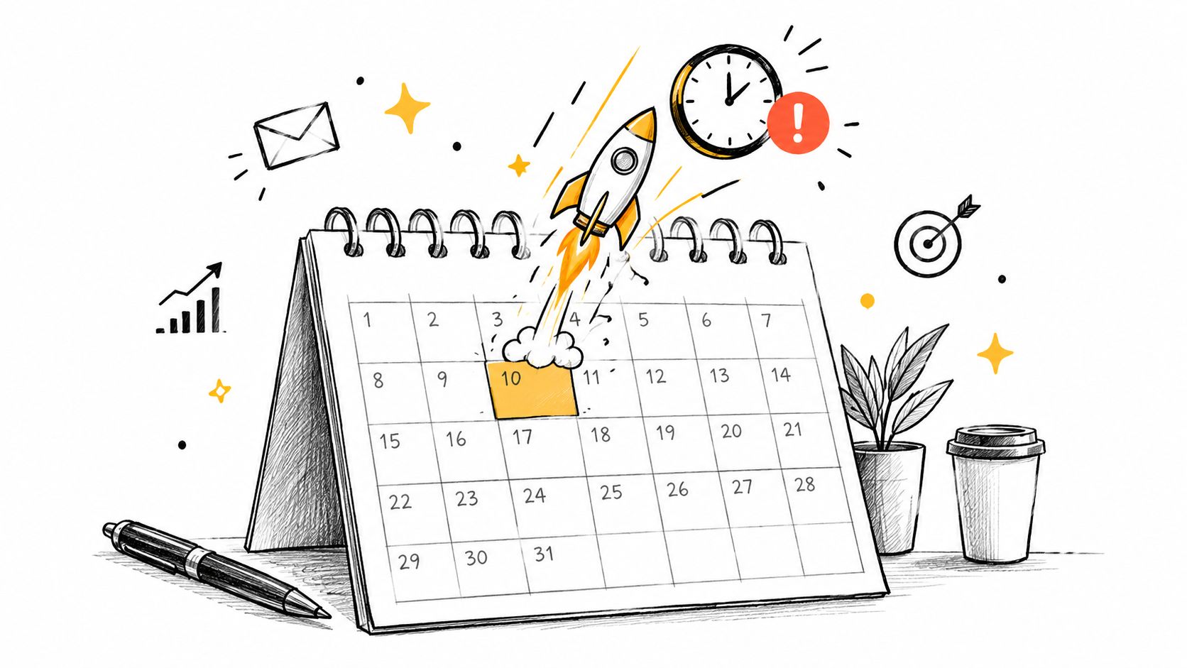 A desktop calendar with a rocket launching from the tenth day, surrounded by office stationery items.