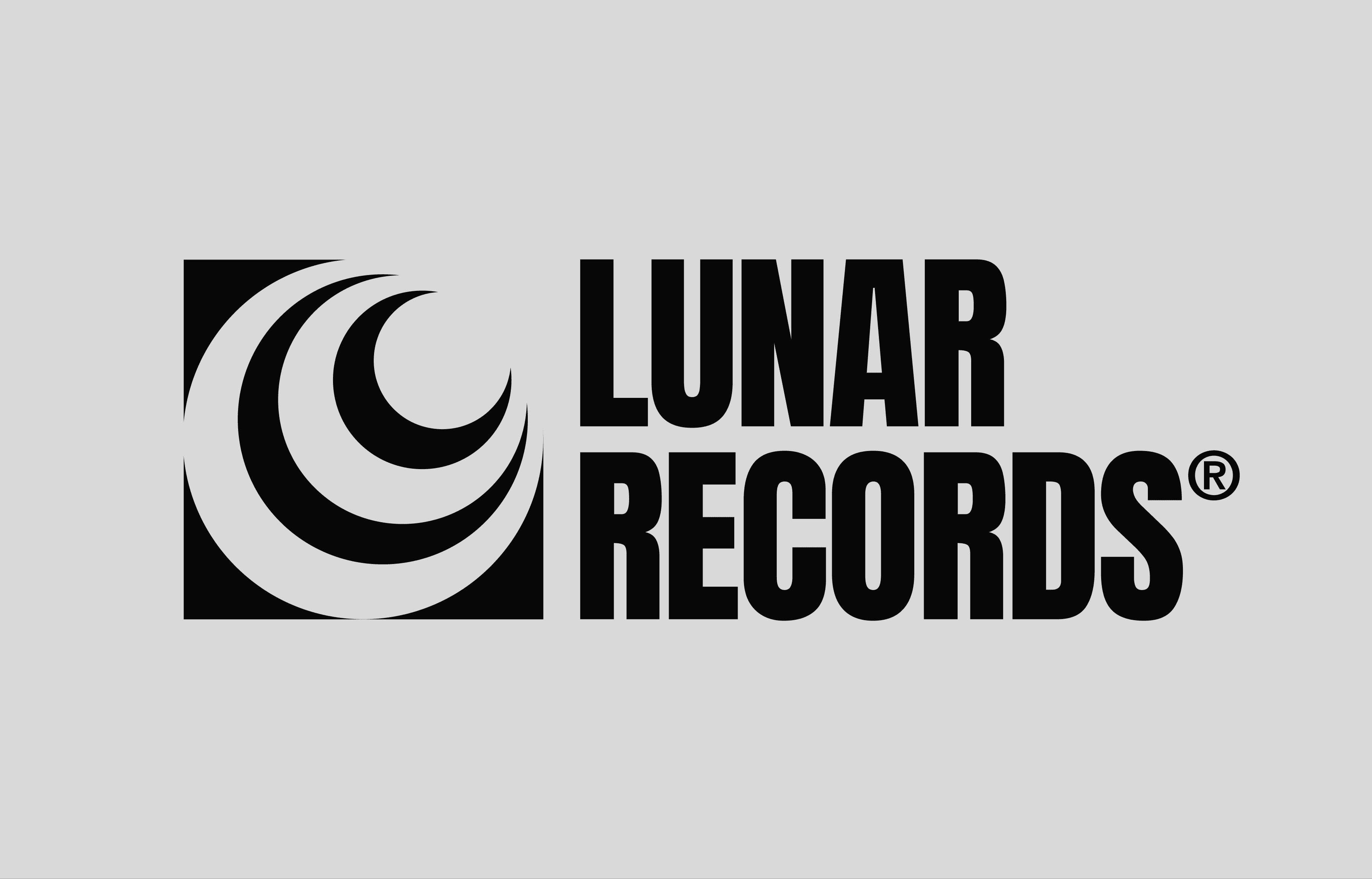 Logo design for Lunar Records in black over a grey background