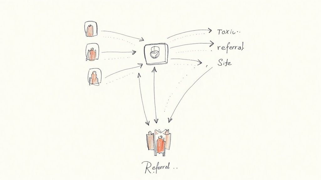 An illustration showing a website's SEO performance graph trending upwards, fueled by high-quality backlinks.