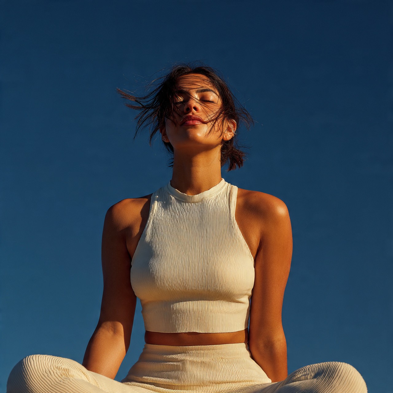 Sun-drenched woman in white tank top meditating with eyes closed.