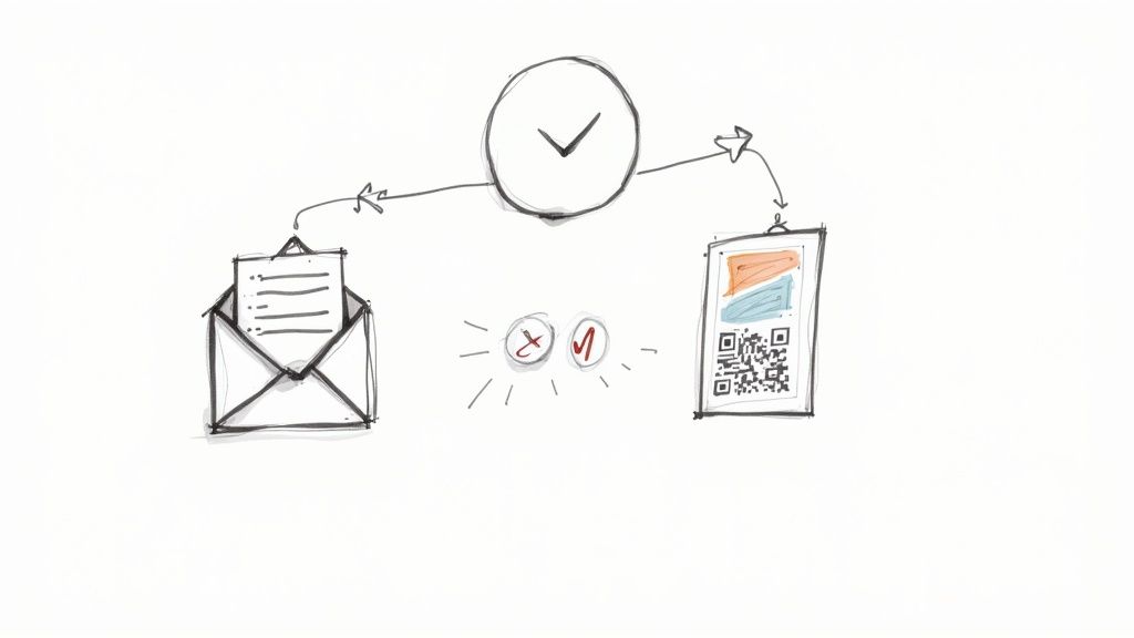 A hand-drawn diagram illustrating a workflow from document input to a QR code output with approval.