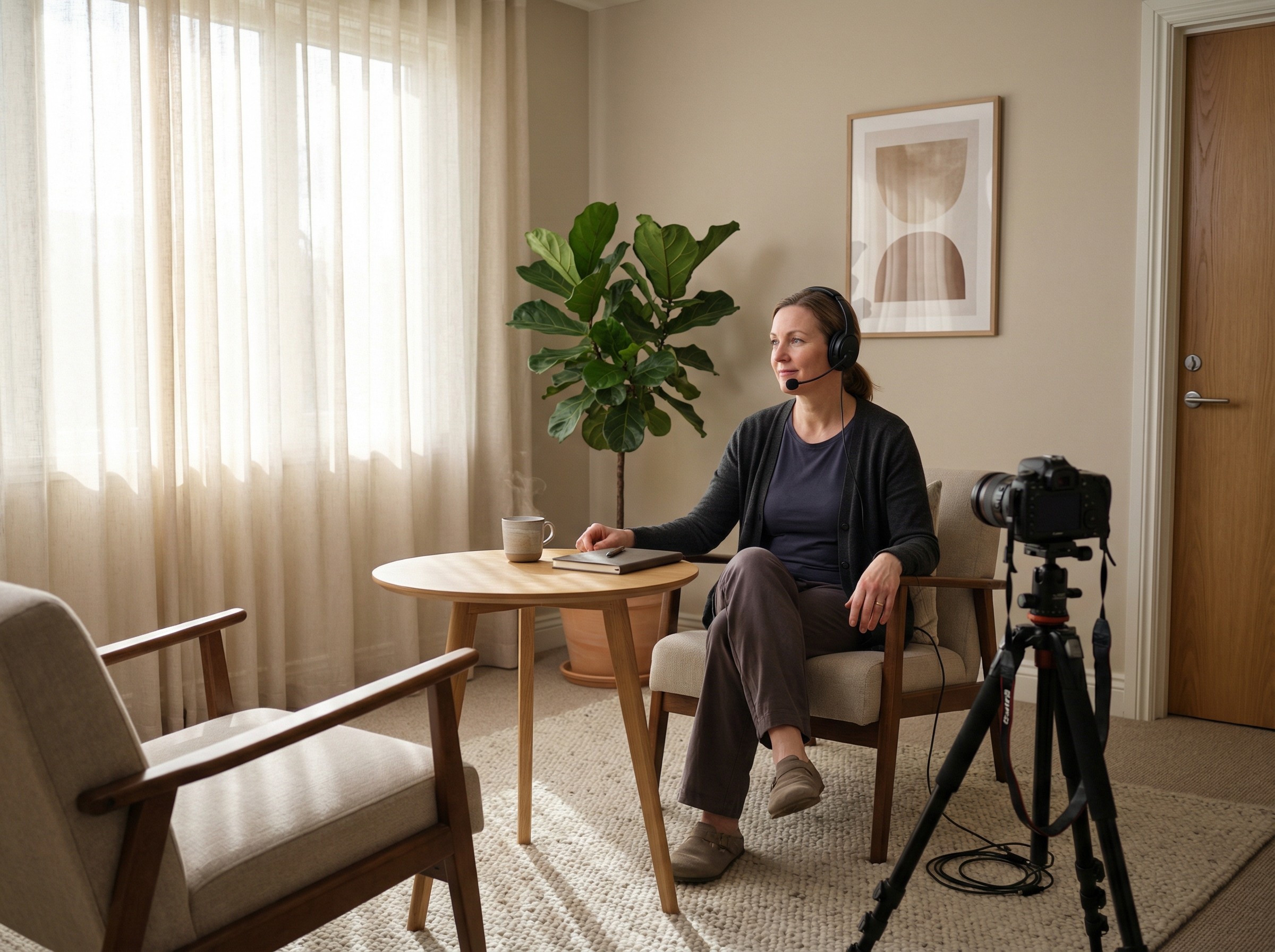 In einem abgeschirmten Praxisraum sitzt eine Therapeutin vor einer dezenten Kamera, ein Headset sorgt für klare Stimme. Die Tür ist geschlossen, gedämpftes Licht schafft Diskretion. Eine Tasse Tee steht neben einem Notizbuch. Es wirkt ruhig, konzentriert und persönlich, trotz räumlicher Distanz.