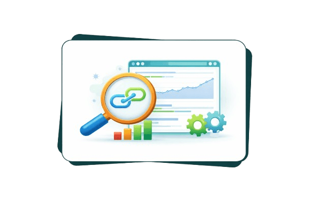Illustration of Ahrefs SEO tool showing a dashboard with backlink analysis, domain metrics, and search engine data inside a floating card.