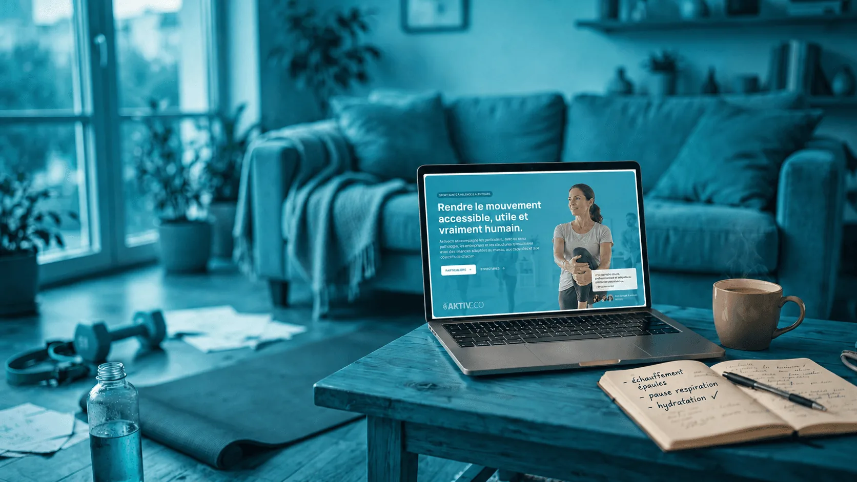 Le site Aktiveco affiché sur un ordinateur à côté de matériel d’entraînement