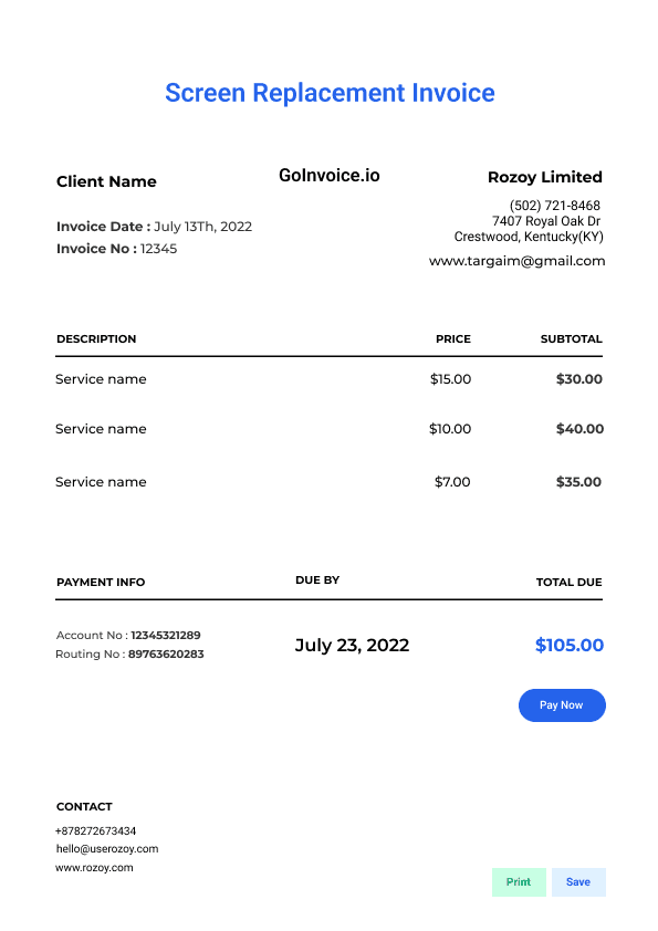 Screen Replacement Invoice