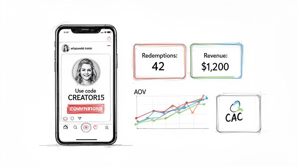 A smartphone displaying an influencer's social media post with a promo code, alongside marketing attribution metrics like redemptions, revenue, AOV, and CAC.