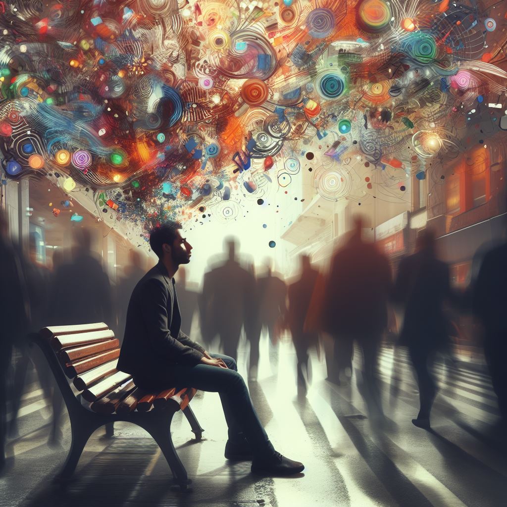 person sitting on a bench in a crowded street his thoughts going out of his head and taking real form