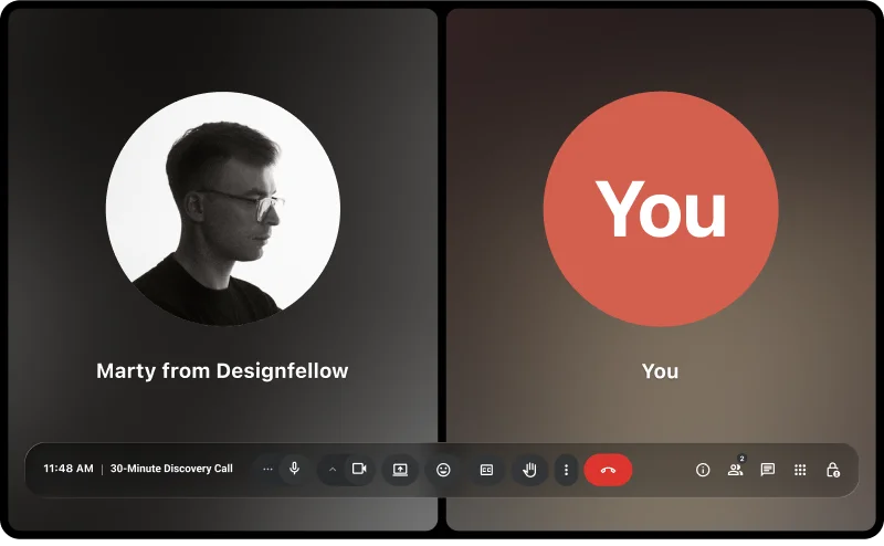 Video call interface UI design showing a discovery call between a designer and a client