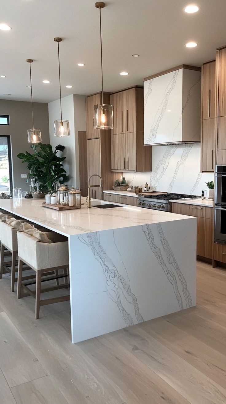 Modern kitchen with natural wood cabinets and white countertop
