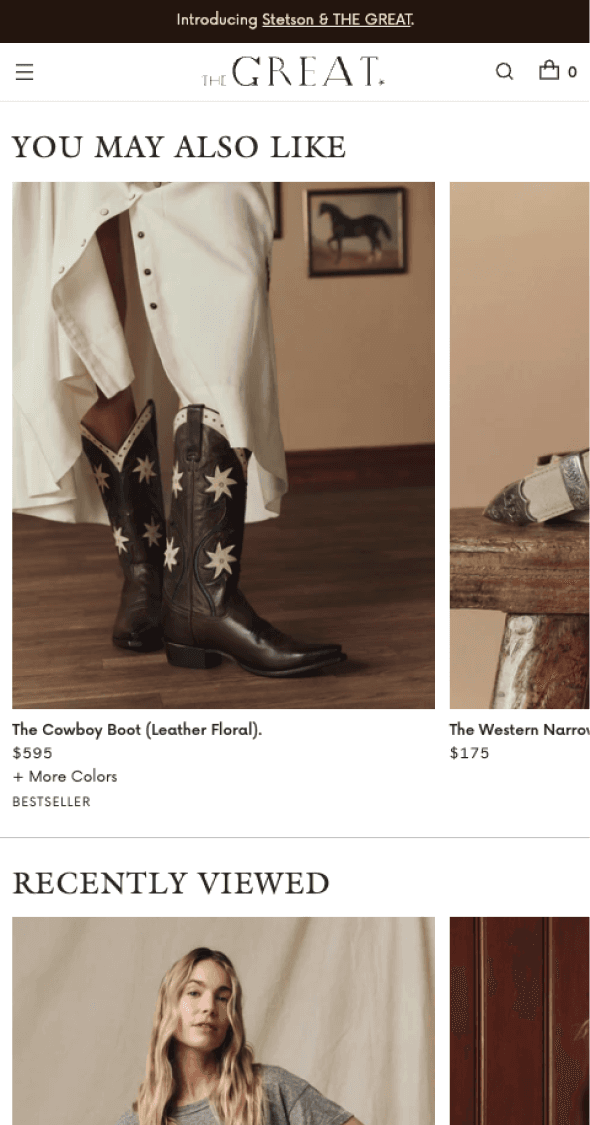 Mobile product page for The GREAT. featuring recommended items