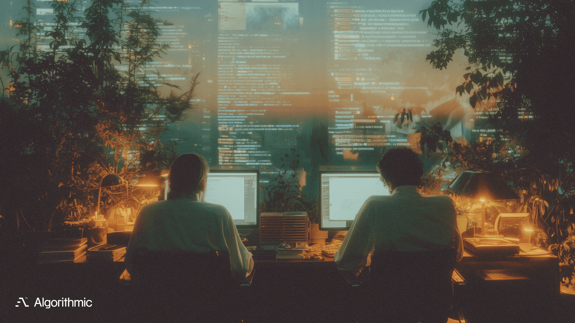 Two professionals sit side by side at desks, working on computers in a dimly lit, plant-filled workspace. Lines of code and data overlays appear across the scene, blending with a city-like digital backdrop. The atmosphere suggests focused collaboration, software development, and enterprise technology.
