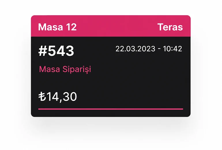 Tablet sipariş sisteminde masa siparişi fişi; masa numarası, tutar ve zaman bilgisi