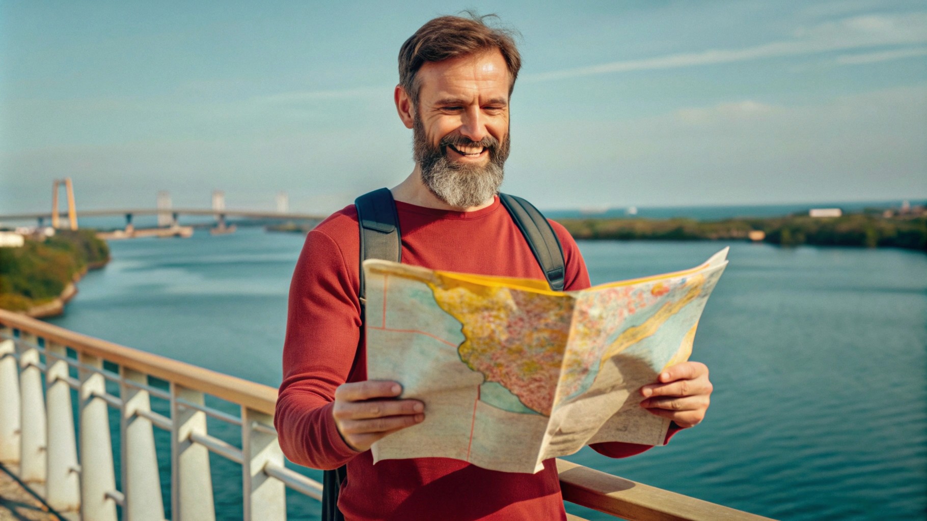 a happy person with a roadmap on the bridge