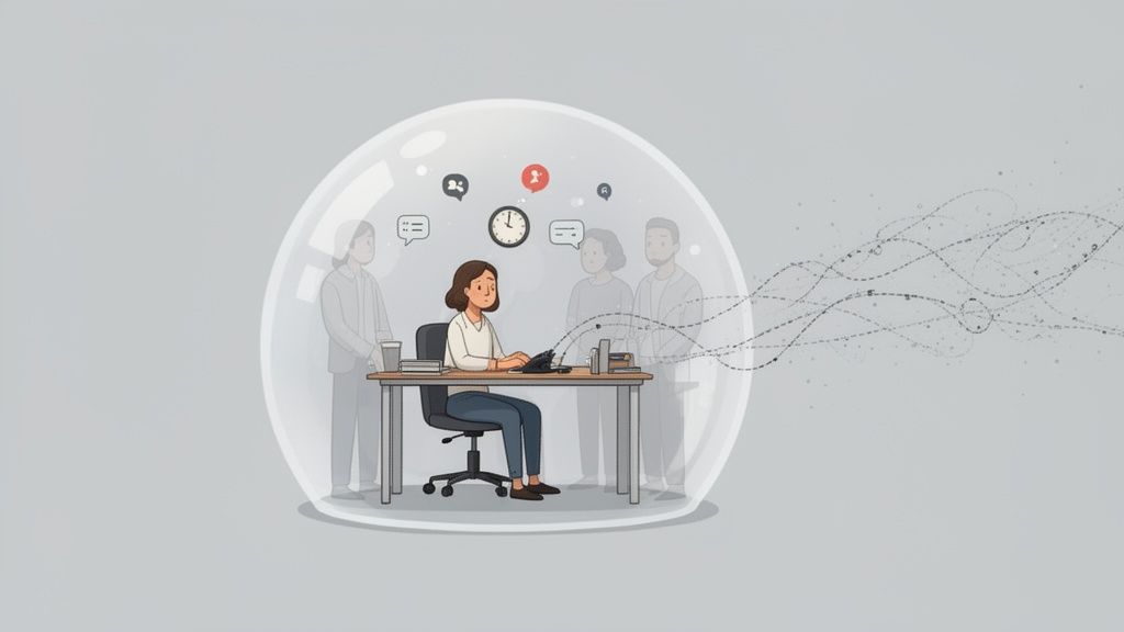 A woman works diligently inside a transparent bubble, isolating from office distractions and external chaos.