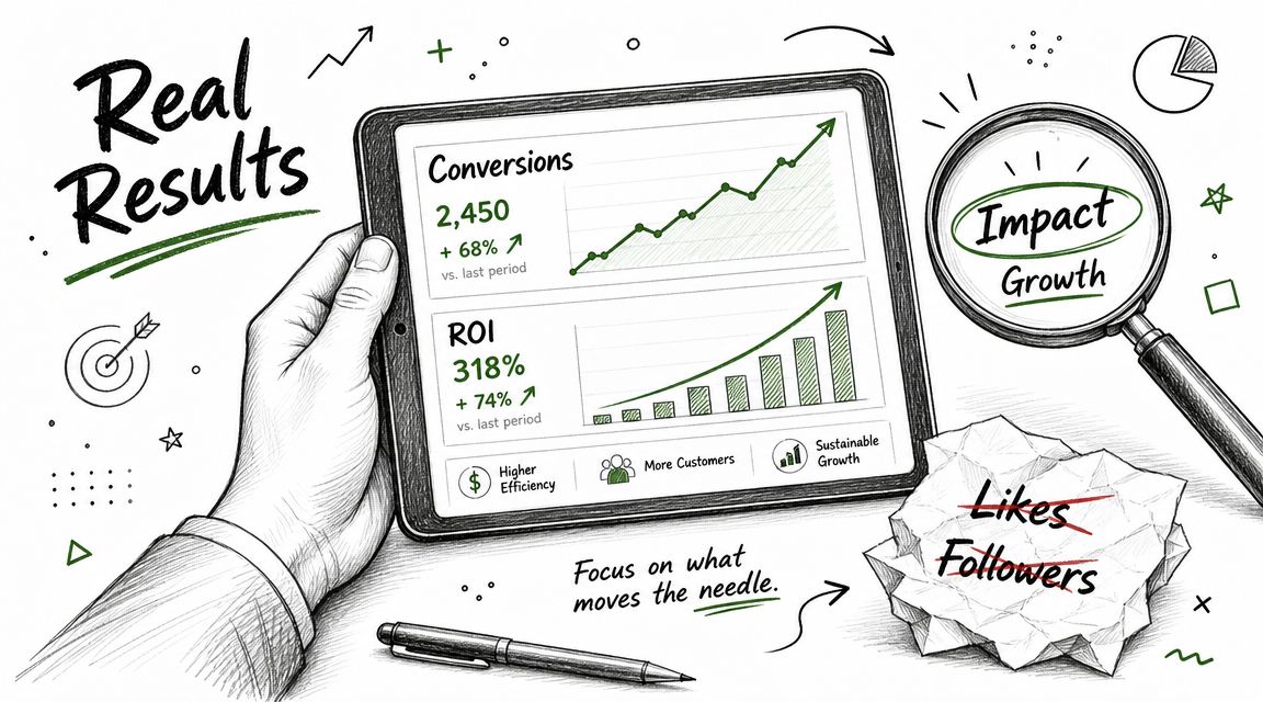 A hand holding a tablet displaying business growth metrics like conversions and ROI, illustrating impactful marketing results.
