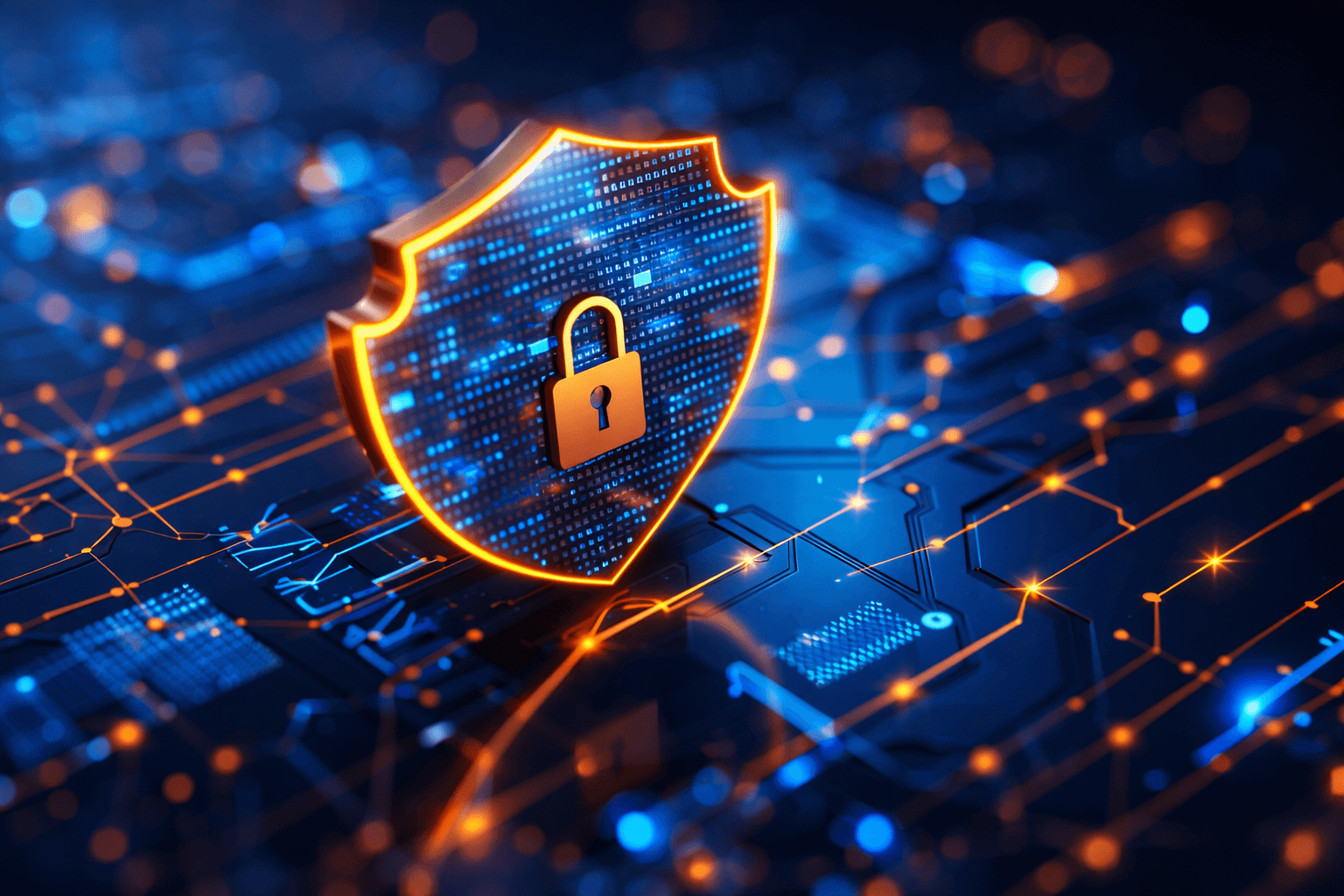 Glowing digital shield with a padlock icon centered on a high-tech blue and orange circuit board background representing cybersecurity.