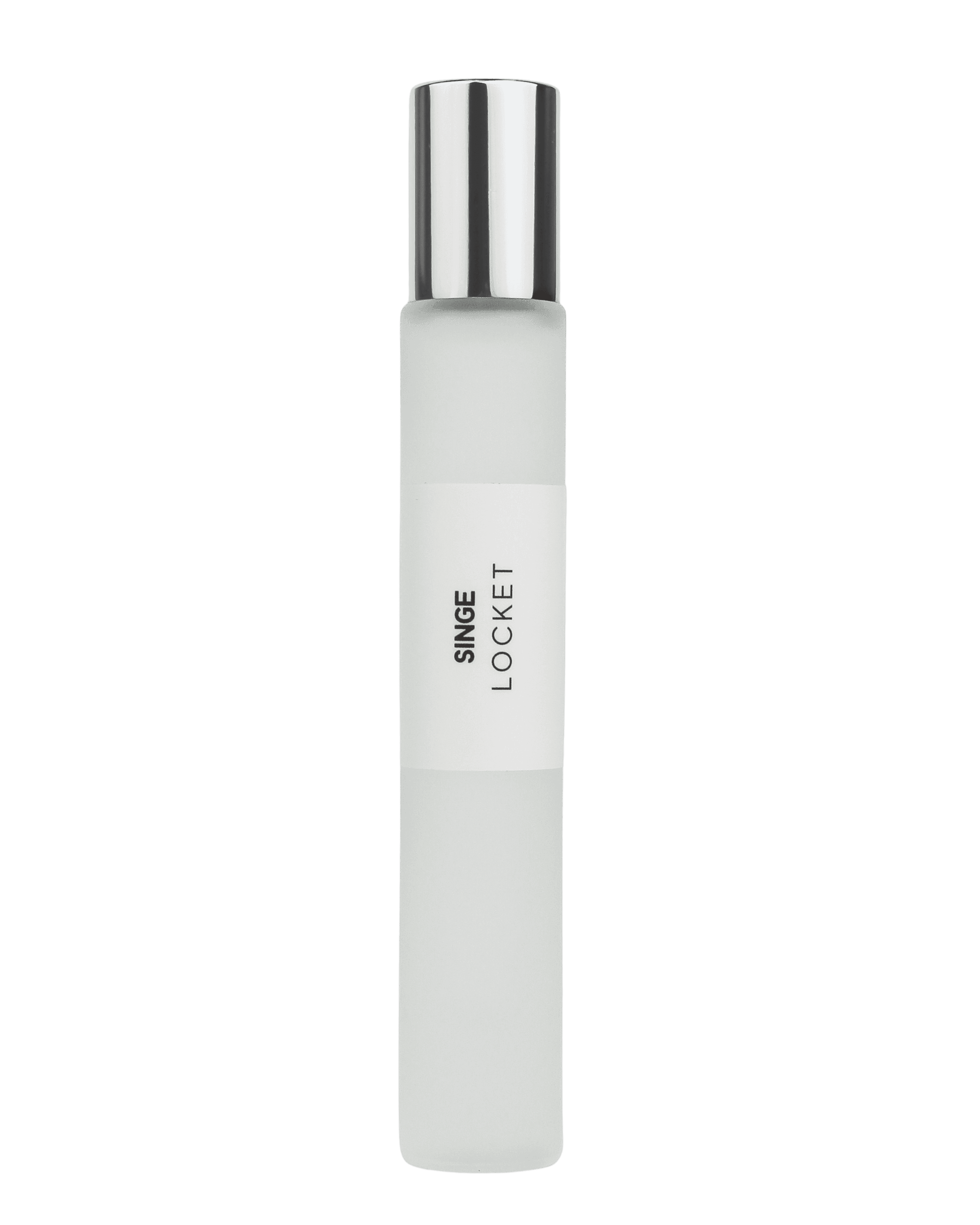 SINGE Locket Eau de Parfum in a frosted glass bottle with a metal rollerball and reflective silver cap.