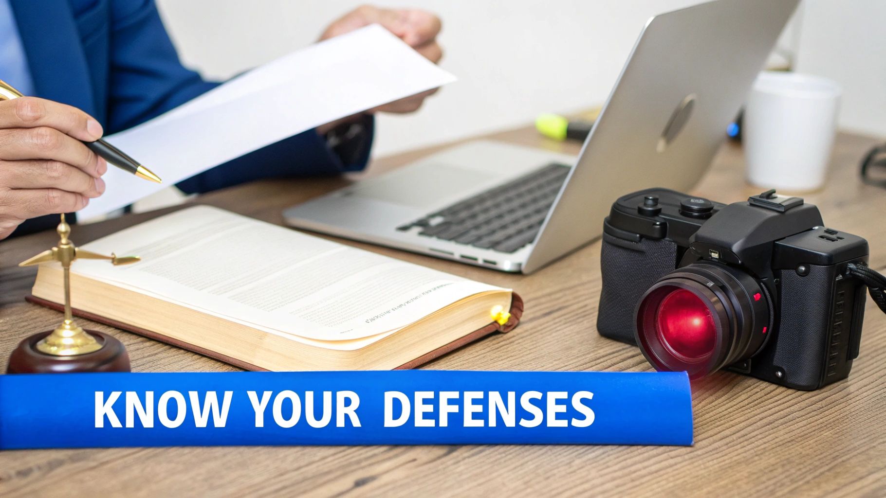 A person holds a pen, reviewing documents with legal books, a laptop, and a camera, saying 'Know Your Defenses'.