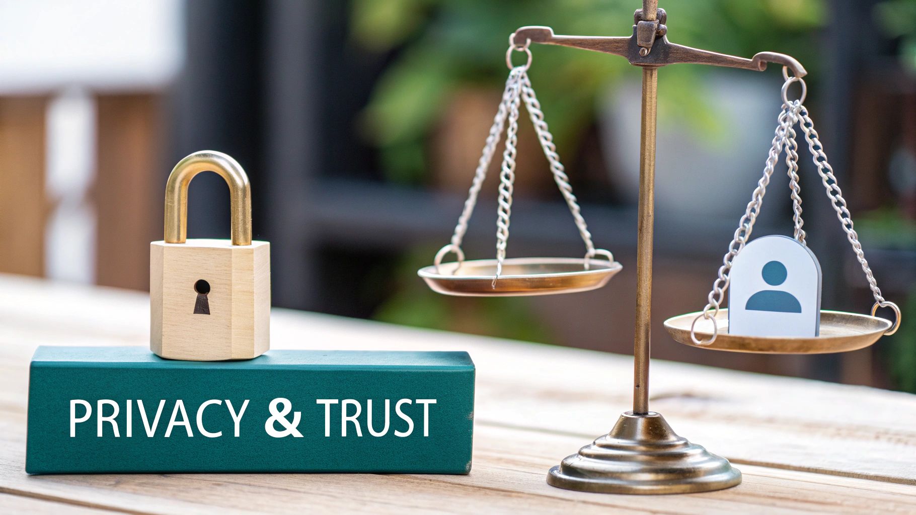 A padlock and a 'PRIVACY & TRUST' block beside a balance scale with a user icon, symbolizing data protection.