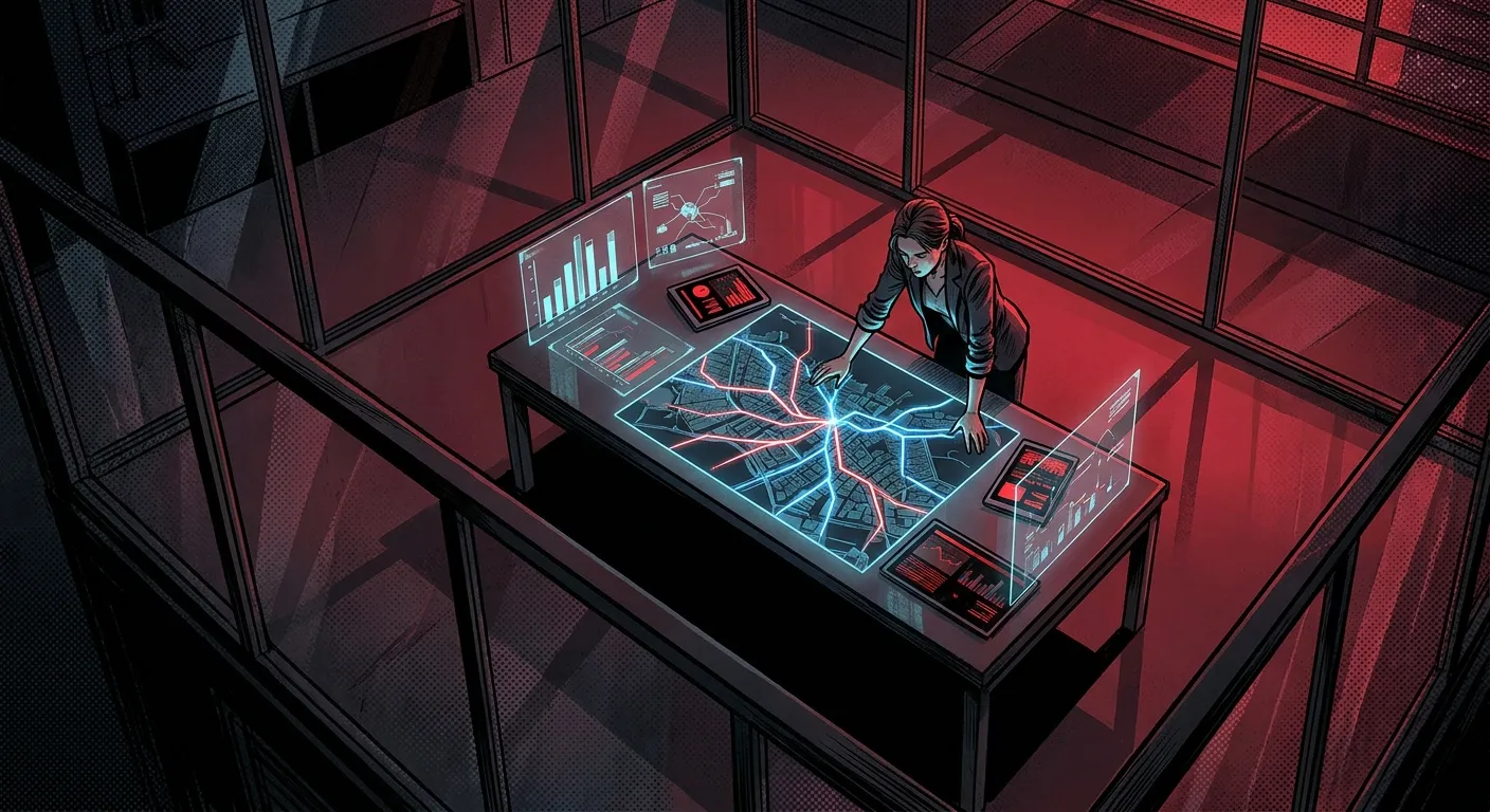 A person analyzes data at a high-tech table for RockN' Socials Digital Marketing.