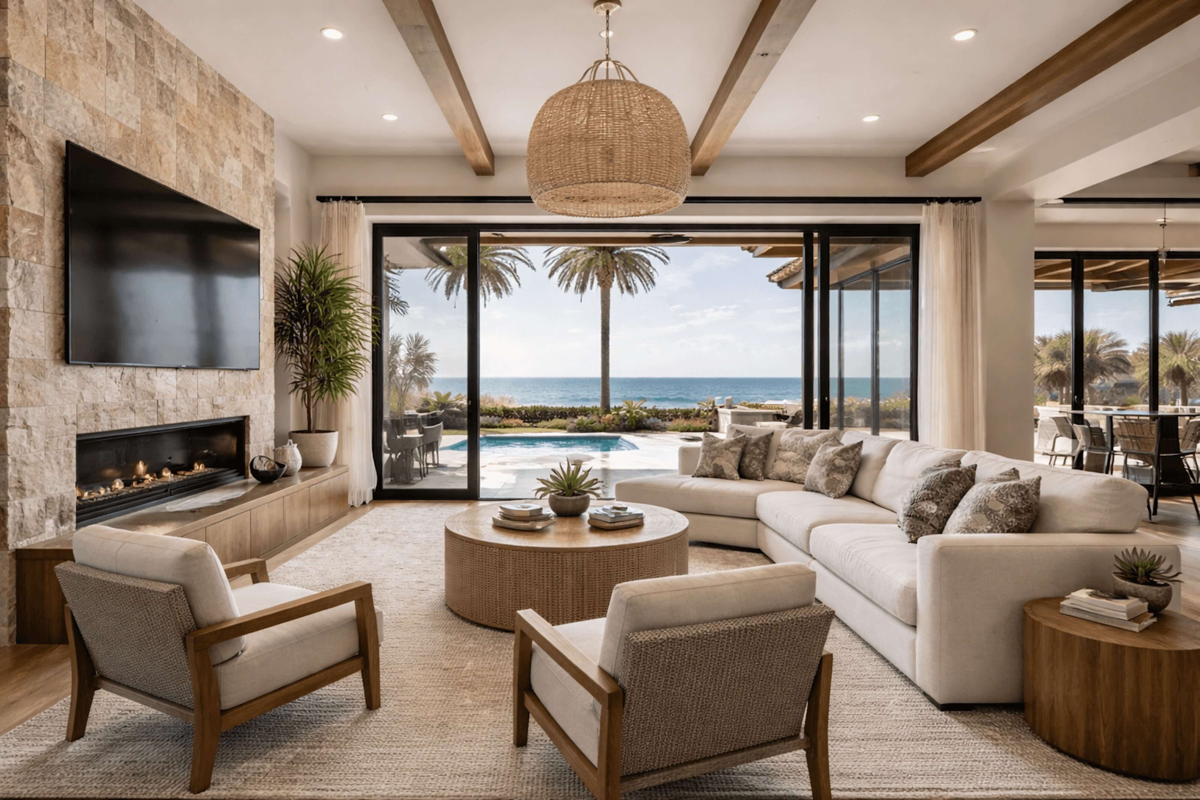 Coastal living room with neutral furnishings, wood beams, stone fireplace, and expansive ocean views through sliding glass doors.