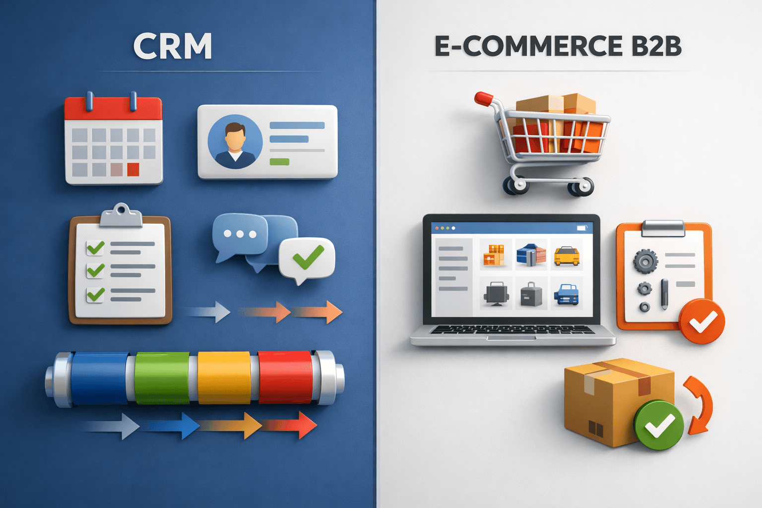 Ilustração 3D minimalista com tela dividida ao meio comparando CRM (agenda, contatos, tarefas e pipeline) e e-commerce B2B (carrinho, catálogo de produtos, lista de peças e pedido automático), destacando ferramentas diferentes para propósitos diferentes.