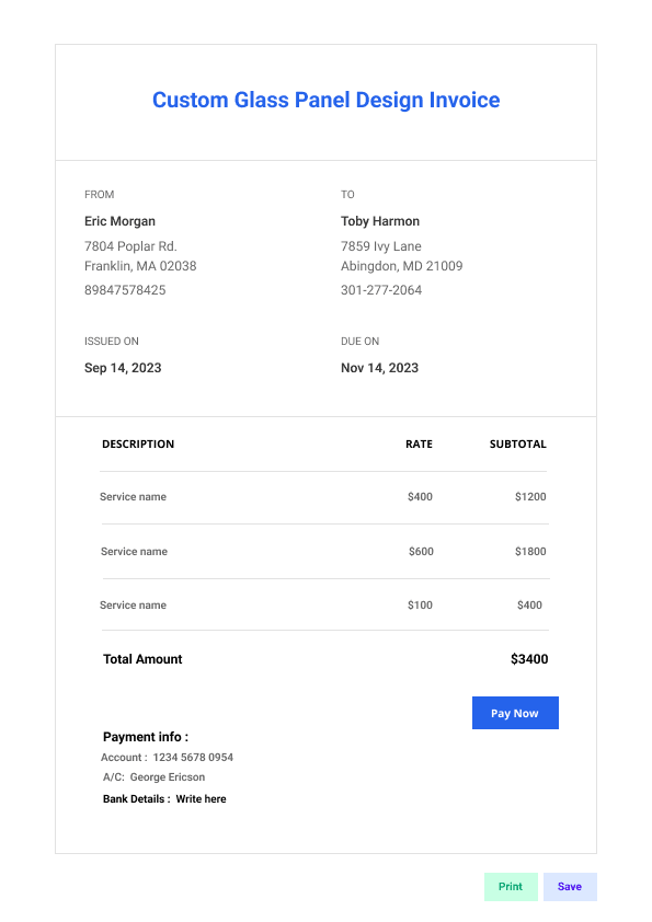 Custom Glass Panel Design Invoice