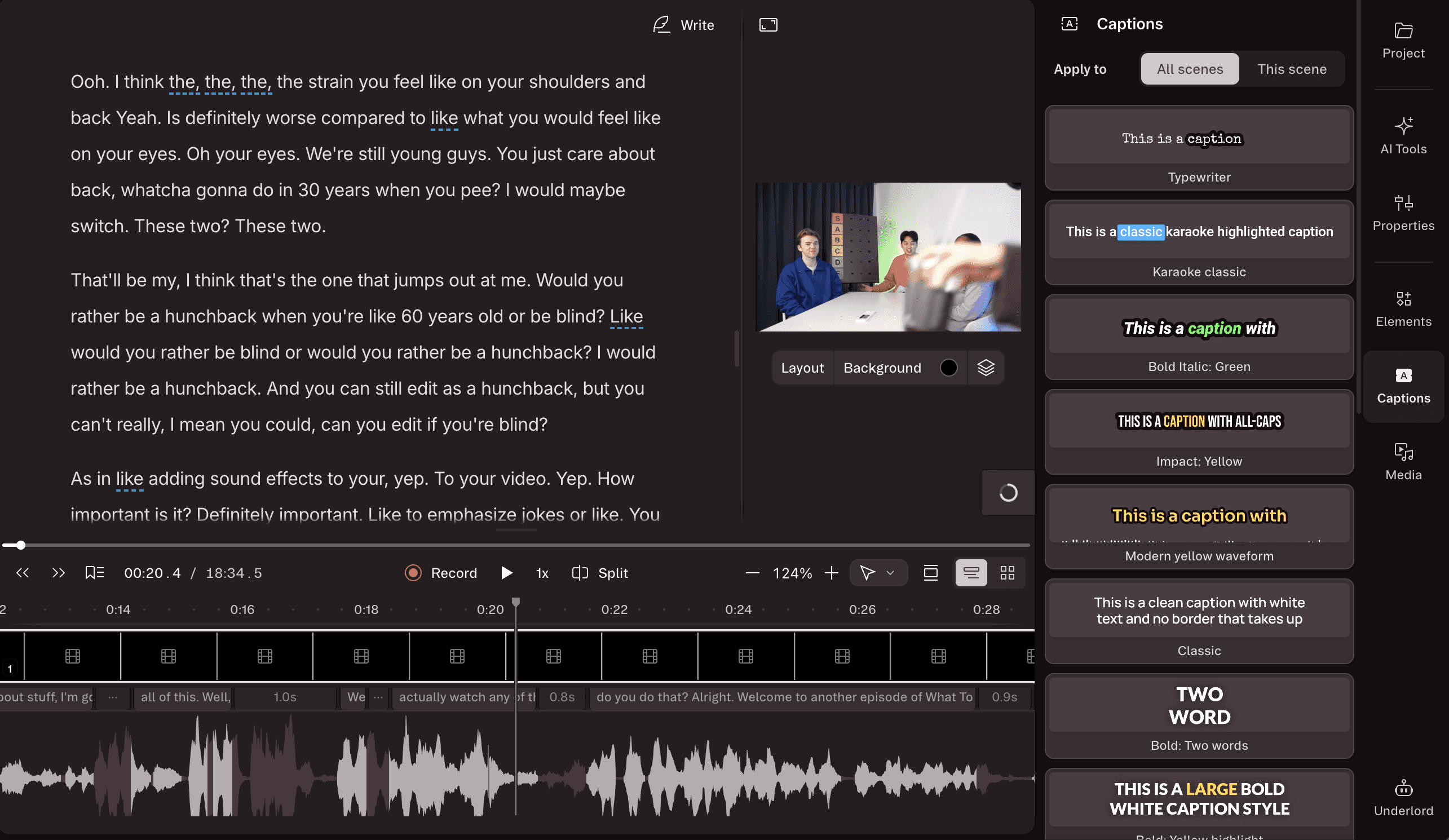 Descript captions panel showing multiple animated caption style options including Typewriter, Karaoke Classic, Bold Italic Green, Impact Yellow, and Modern Yellow Waveform applied to a video transcript