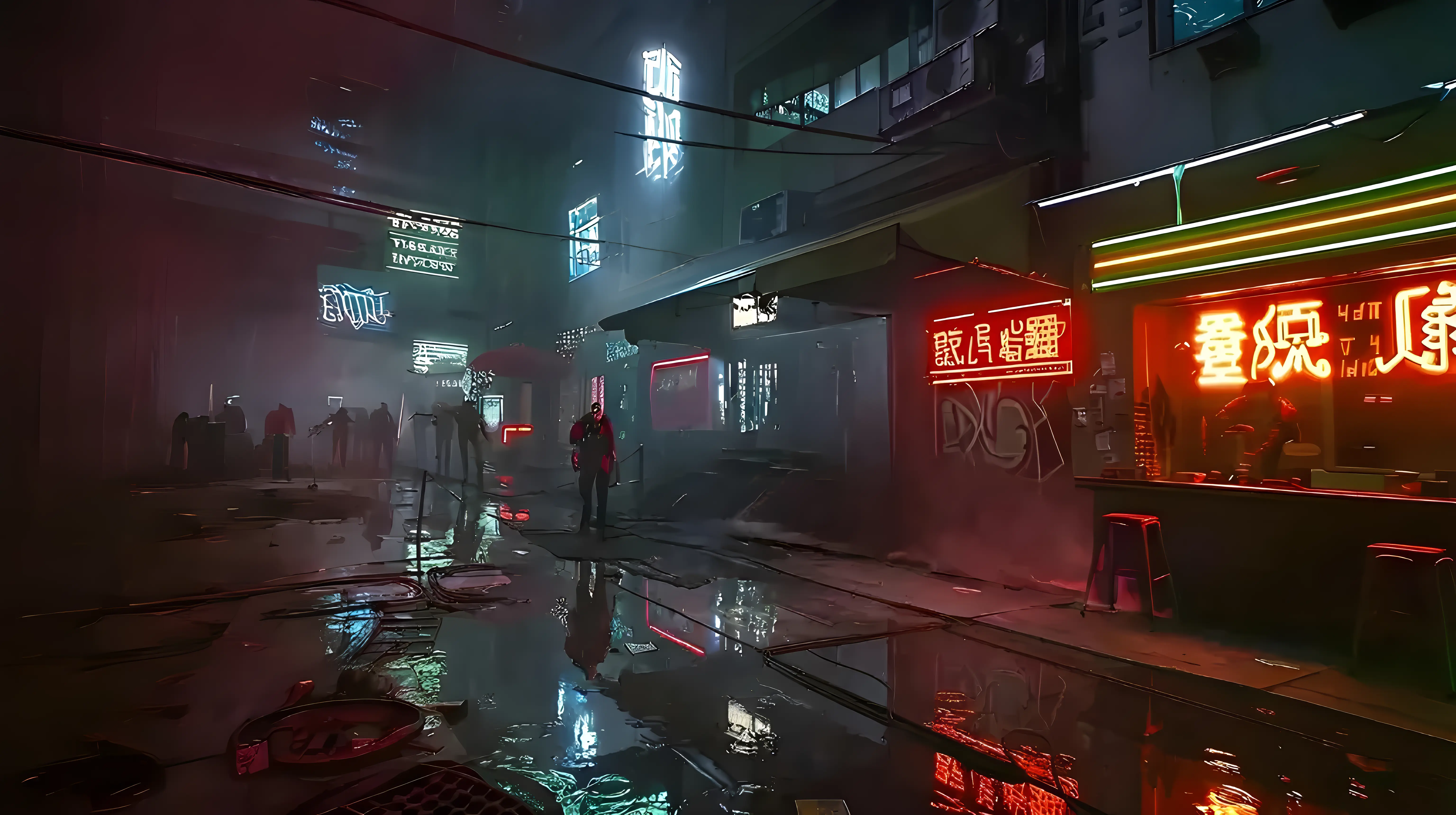 Group of cyber enemies confronting the player in the cyberpunk alley of Jumpstart Audio's Battle Phase illustration.