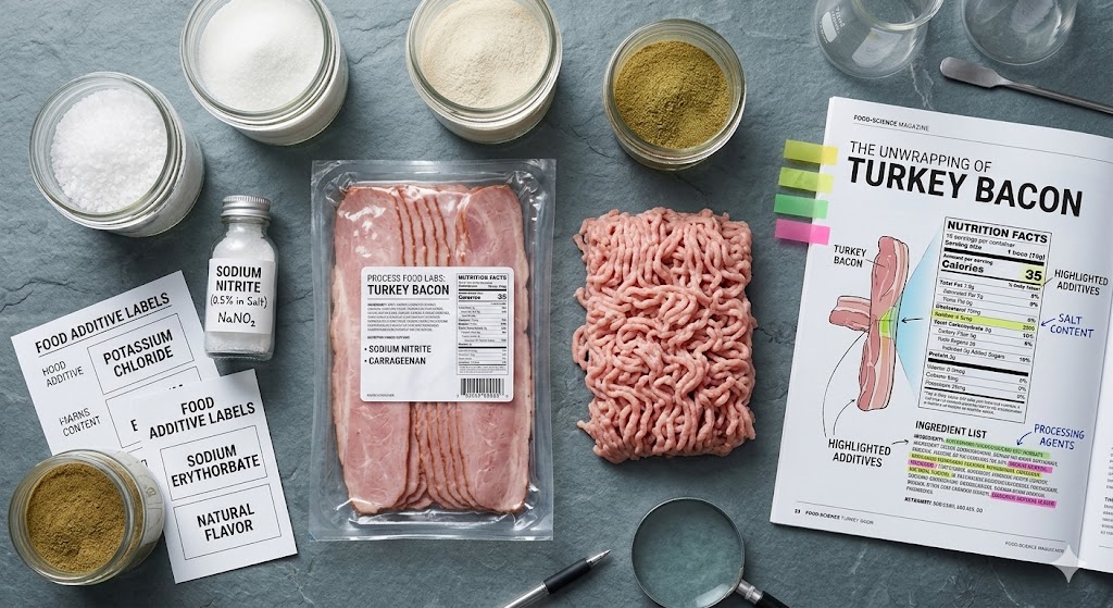 A comparative flat lay infographic on a slate surface analyzing turkey bacon and ground turkey. The image includes labeled ingredients like salt, sugar, celery powder, carrageenan, and food additive labels (sodium erythorbate, natural flavor). Also featured is a packaged turkey bacon comparison, raw ground turkey, a pen, and an open food science magazine with detailed nutritional facts.