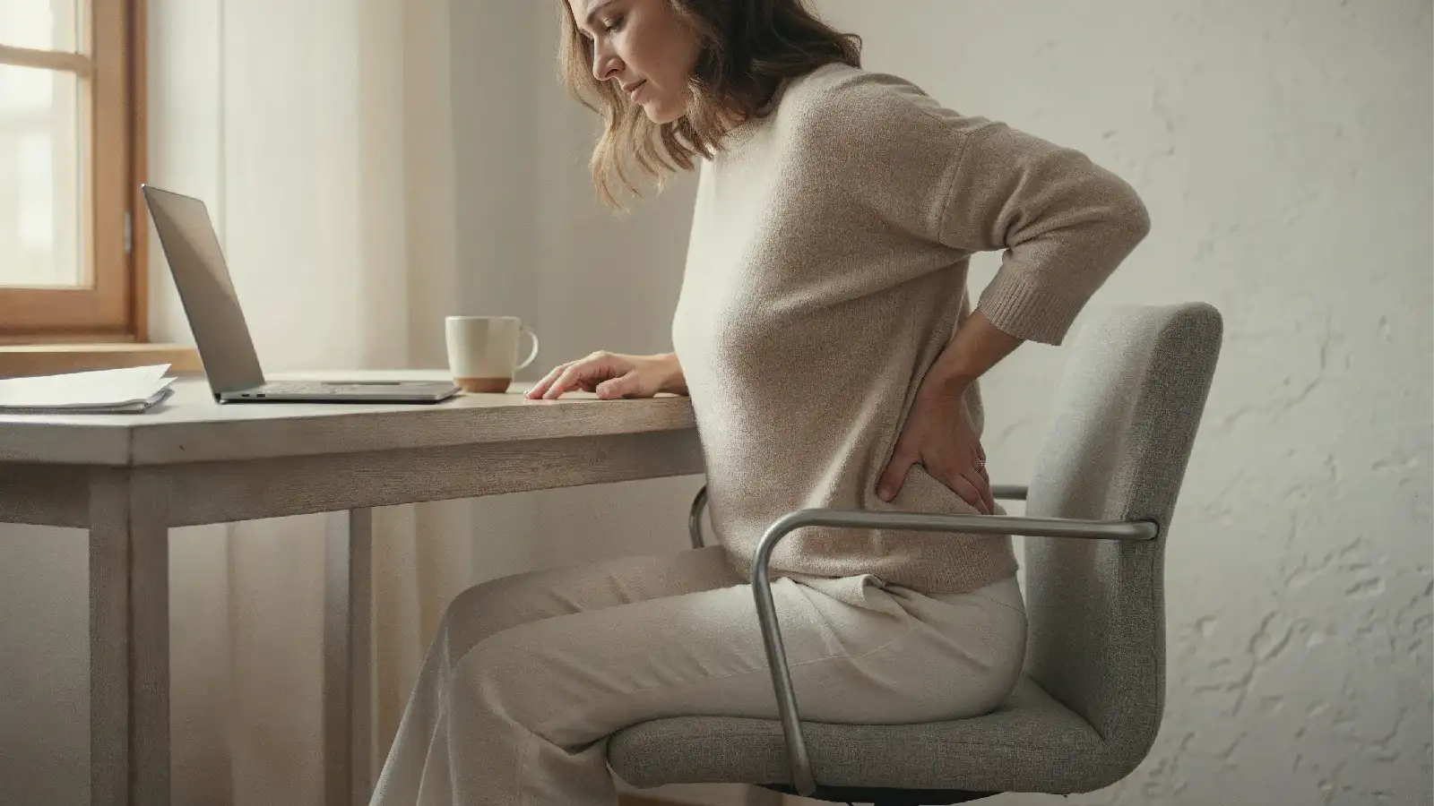 Femme en pull beige assise à un bureau en bois, se tenant le bas du dos avec une main, ordinateur portable ouvert et tasse blanche à côté, dans un bureau à domicile baigné de lumière naturelle.