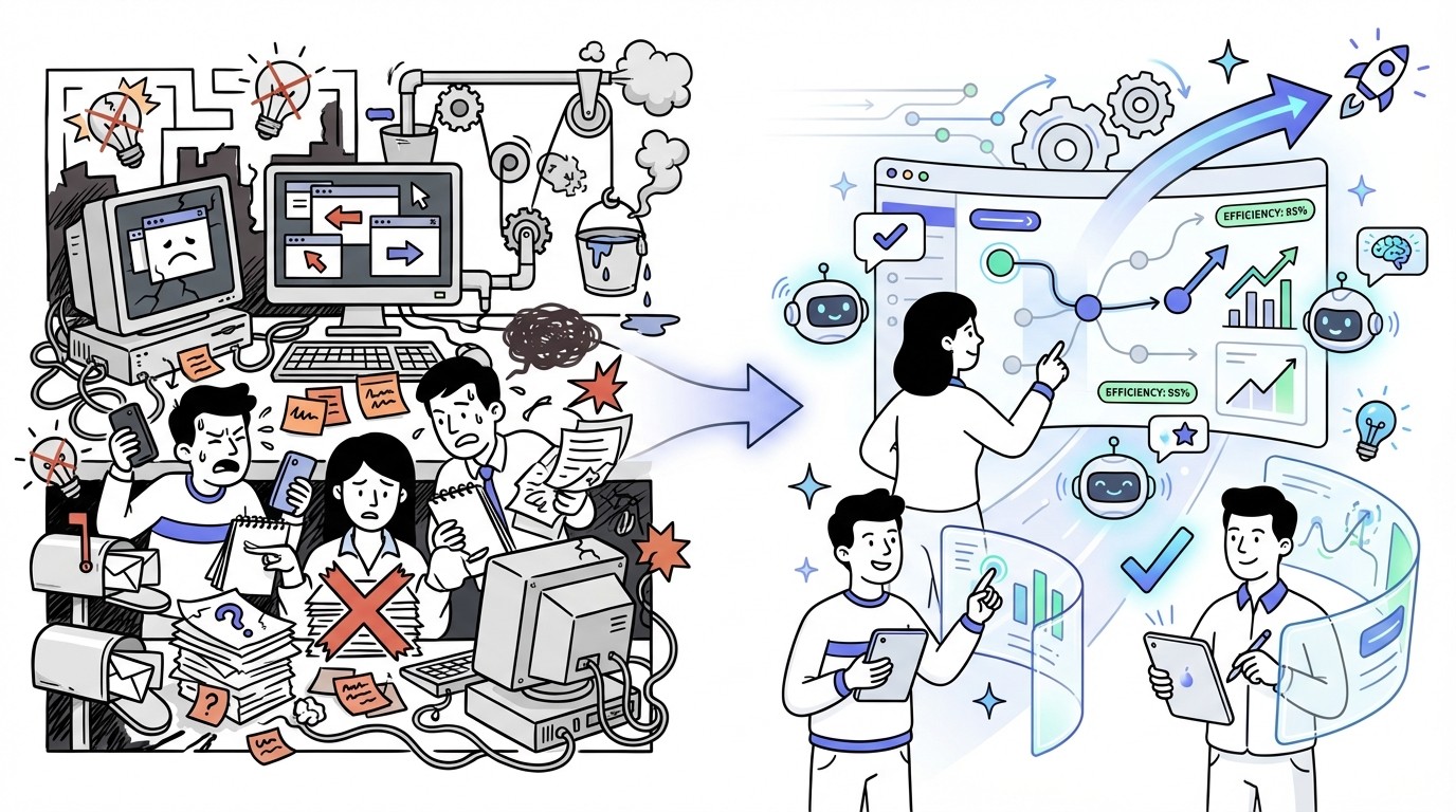 An illustration contrasting two sales workflows. On the left, a chaotic scene shows frustrated sales representatives overwhelmed by cluttered desks, multiple screens, physical papers, and tangled wires. On the right, a calm scene depicts empowered sales representatives using integrated, modern technology with clean interfaces and smooth data flow.