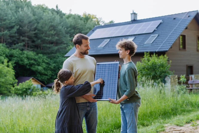 Family with two kids holding a small solar panel