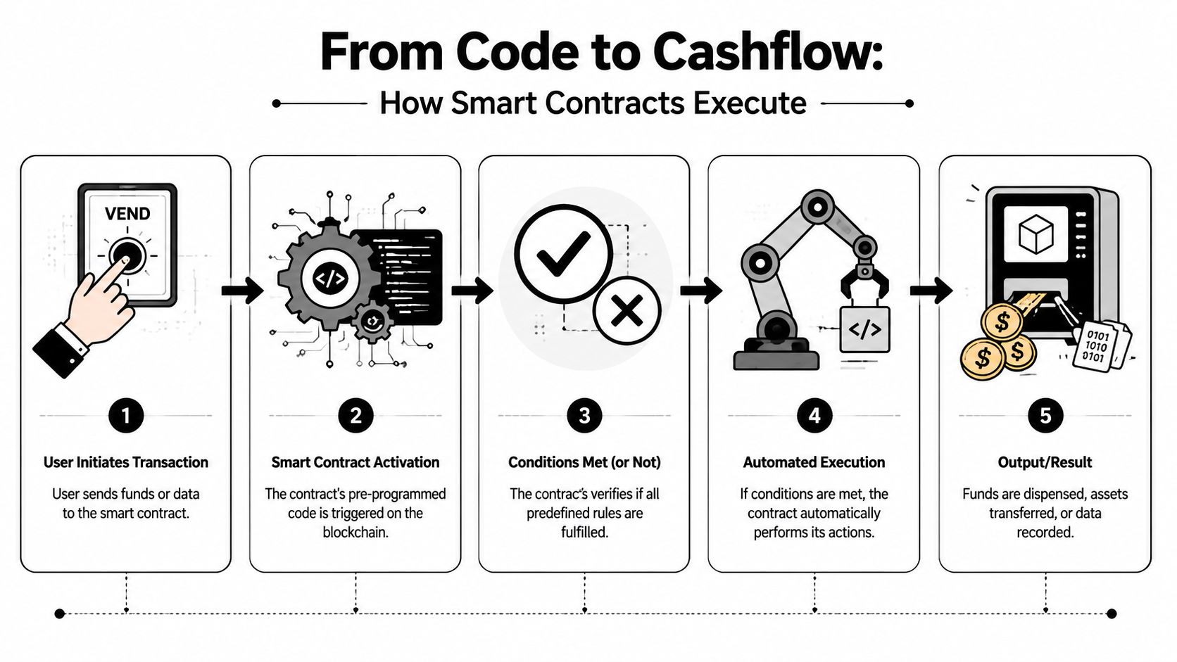 An infographic illustrating the five-step process of how smart contracts execute from user initiation to final result.