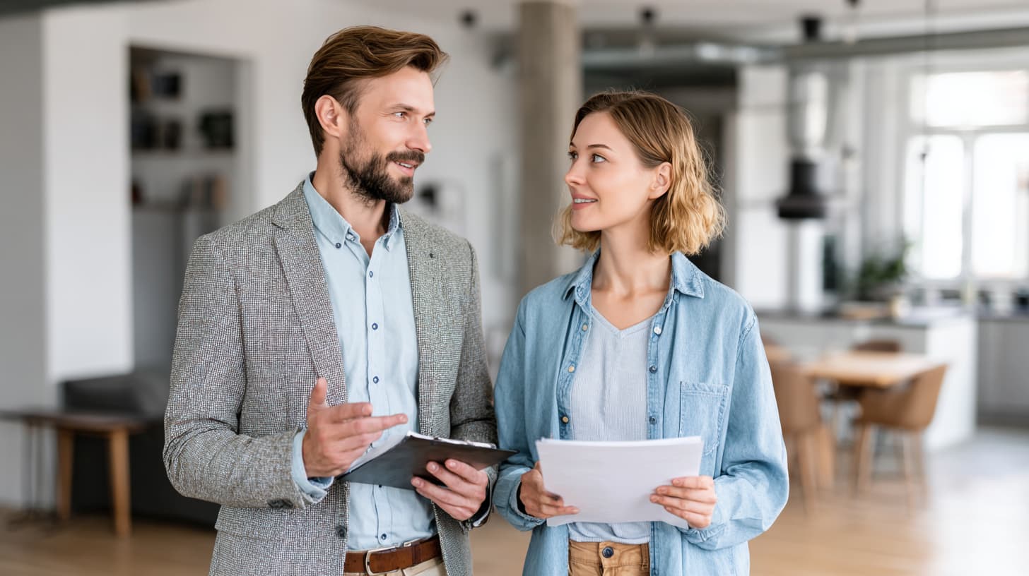 Zarządzanie najmem mieszkania – doradca i właściciel analizują dokumenty
