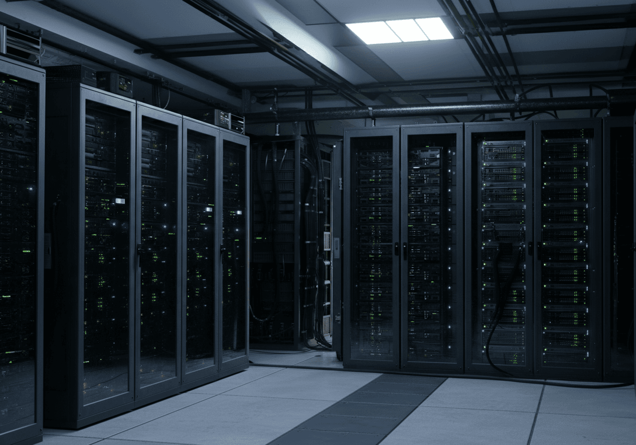 Realistische datacenterruimte met schaalbare IT-racks, energiebesparende elementen en een duurzaam ontwerp zonder overdreven visualisatie.