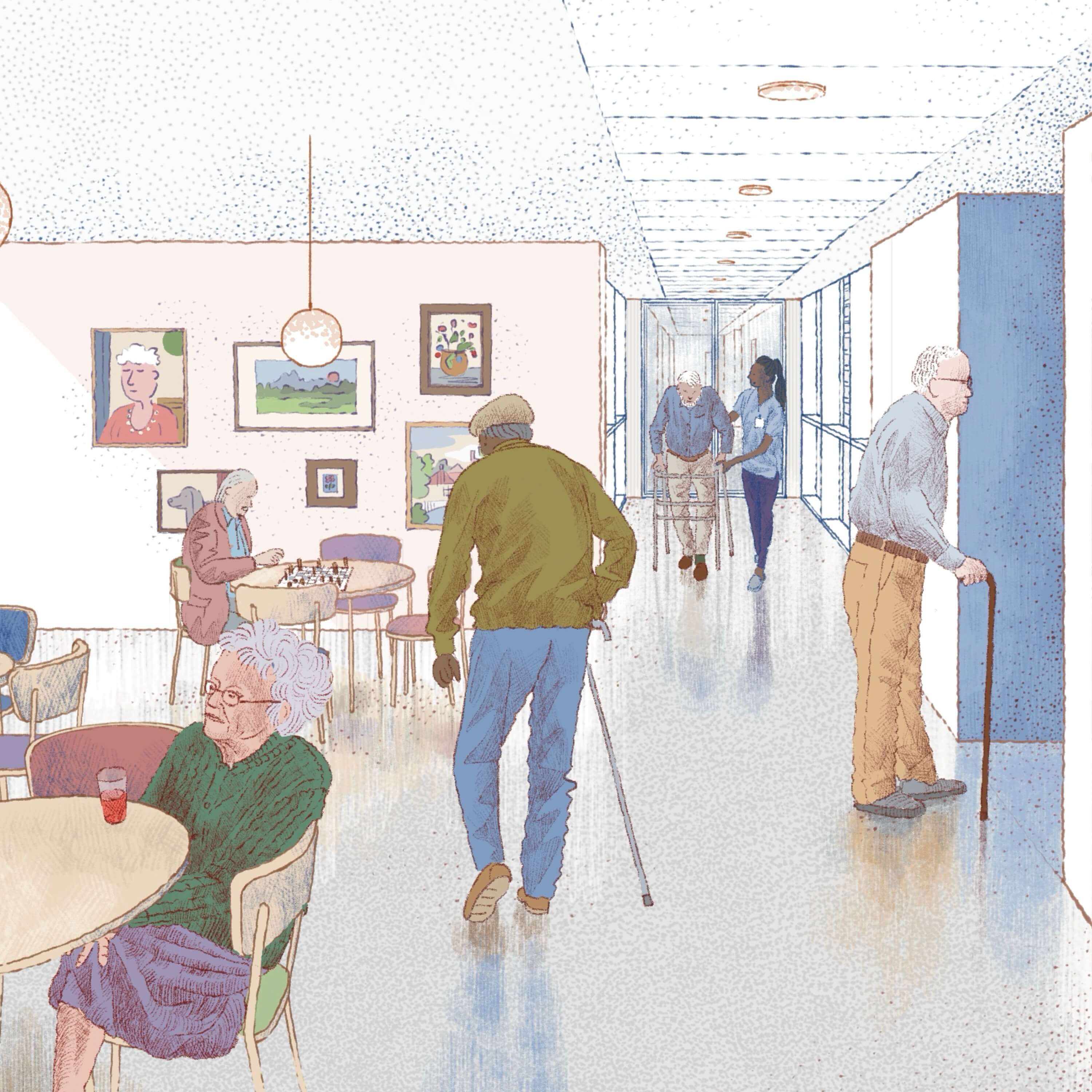 A person with a cane walks down a brightly lit hallway, passing colorful furniture and art on the walls.