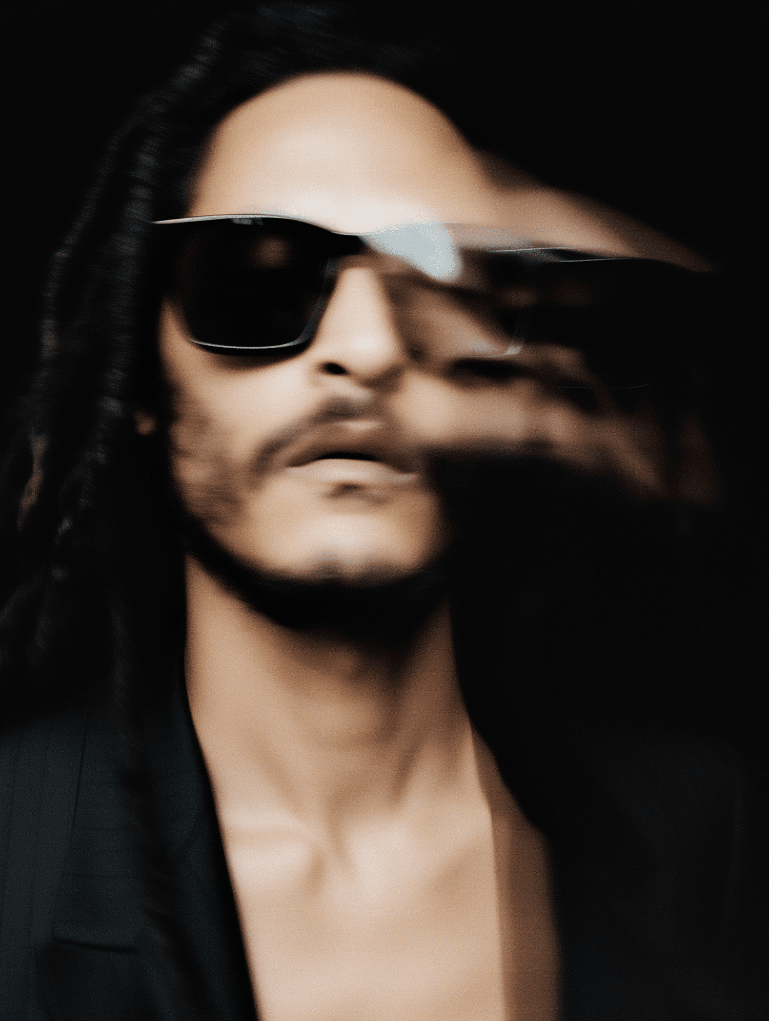 Man in sunglasses and leather jacket with motion blurred