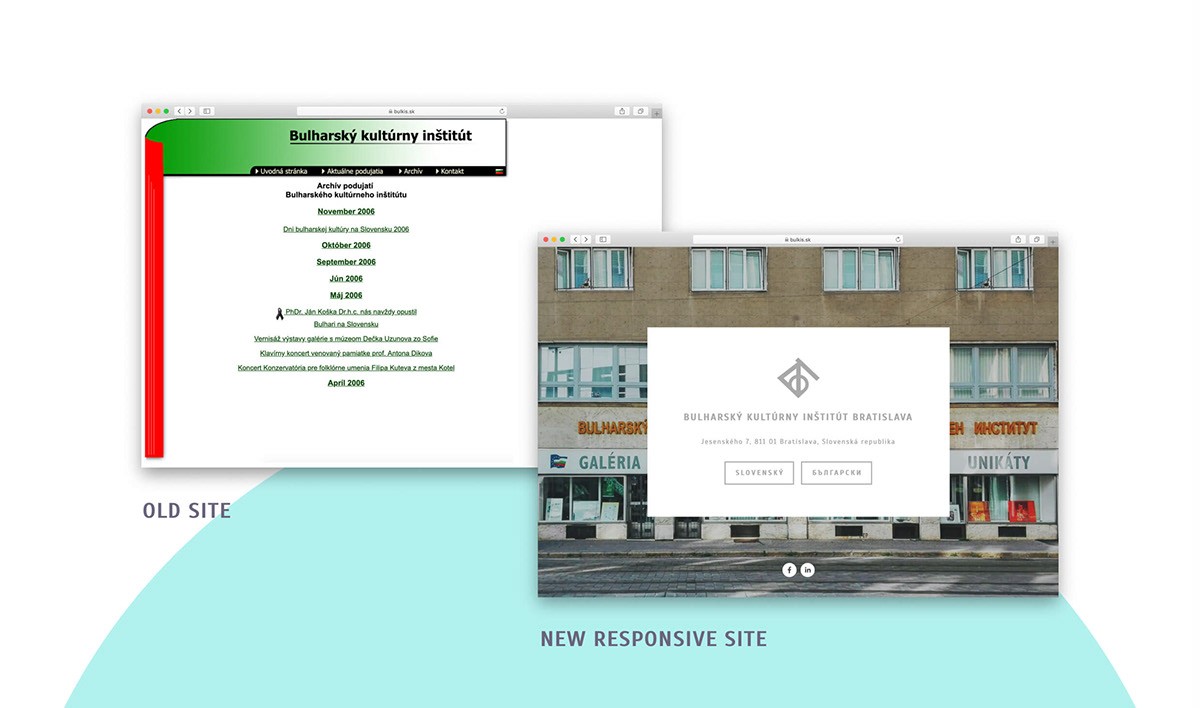 The old flat HTML website next to the new page