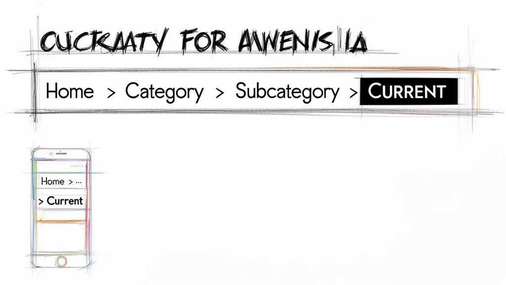 Hand-drawn sketch of a website and mobile app breadcrumb navigation with a current page indicator.