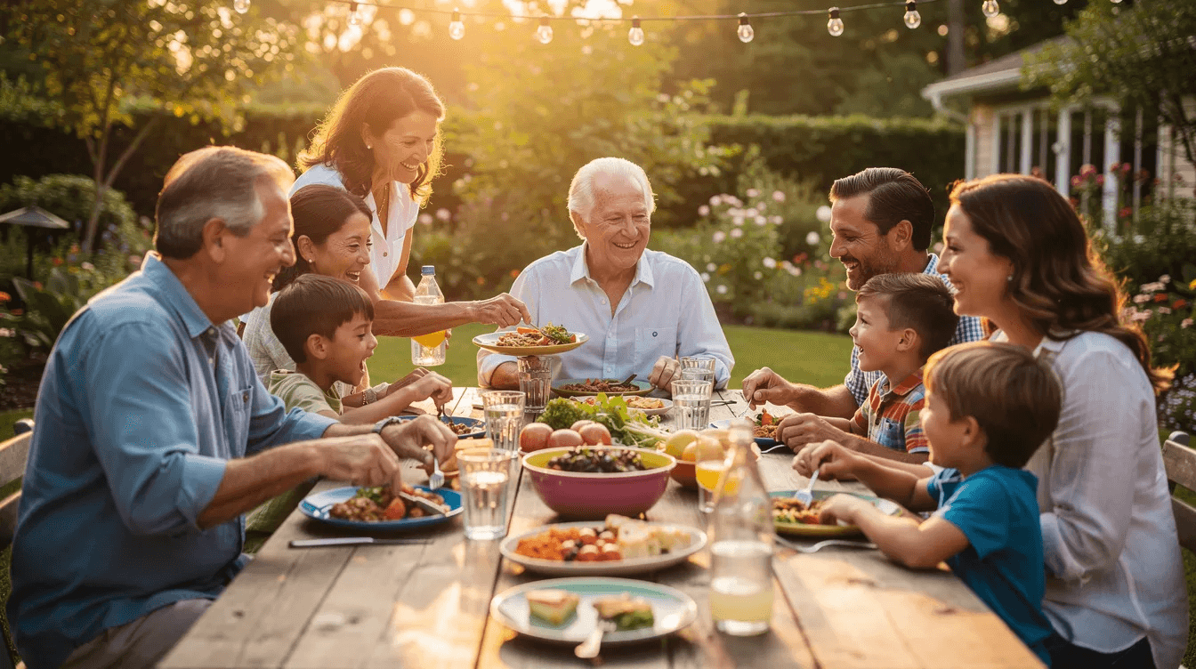 A diverse family, spanning several generations, is gathered around a long outdoor table sharing a meal, enjoying each other's company in a warm and inviting setting. This scene emphasizes the importance of family connections and highlights the potential need for estate planning, as discussions about wealth management and beneficiary designations may arise during such gatherings.