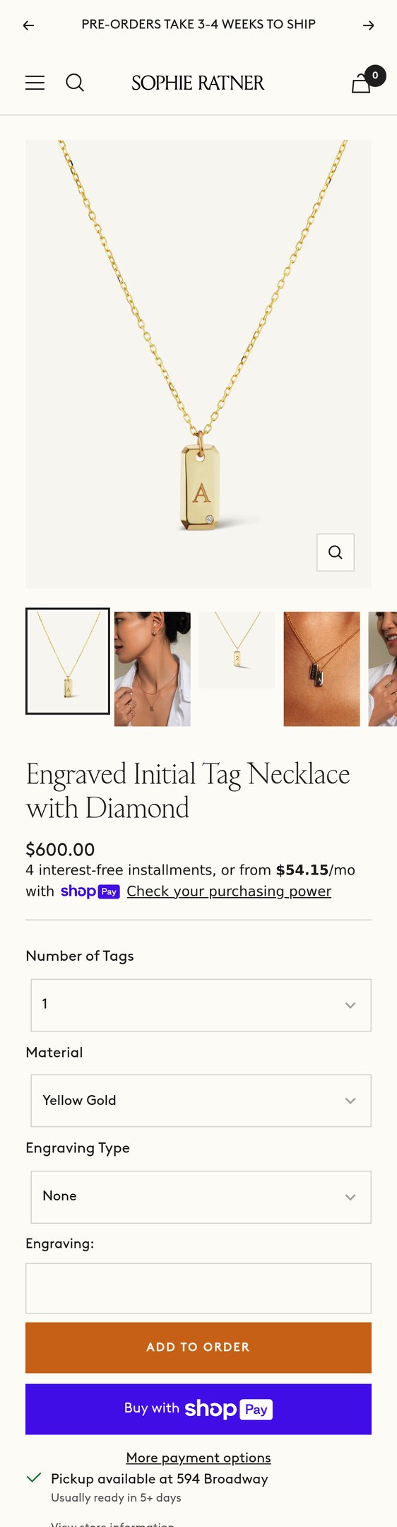 Jewelry product options include: necklace, chain for Engraved Initial Tag Necklace with Diamond from Sophie Ratner Jewelry.