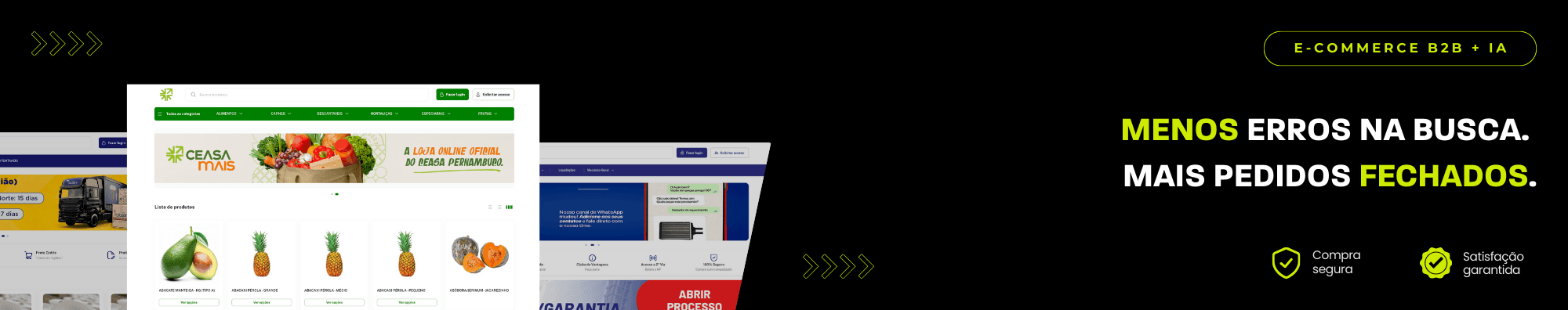 Banner horizontal com fundo escuro, ícones de segurança e satisfação, e imagens de lojas B2B exibidas à esquerda. Elementos gráficos em verde destacam o tema de e-commerce B2B com IA.