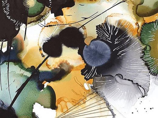 Detail of abstract watercolor artwork featuring dark ink blooms, gold and green organic shapes, and fine linear texture, on white ground. Artist Lindsey Holcomb. Artwork: Above / Below